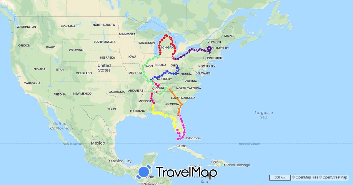 TravelMap itinerary: driving, 2018 trip, 2019 trip, 2020 trip, 2017 trip, 2021 trip, 2022 trip, 2023 trip, 2024 trip in United States (North America)